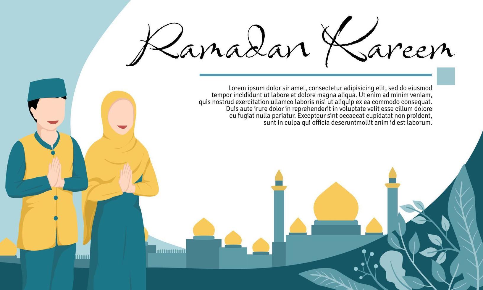 Ramadan Background Template with Illustration of Muslim Couple and Mosque vector