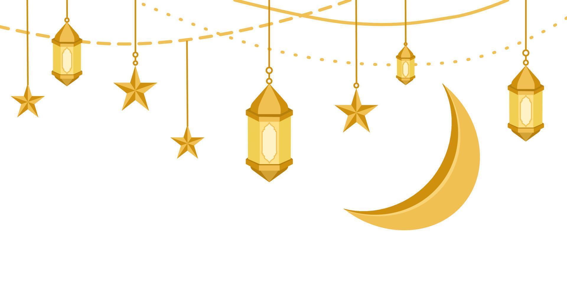 Hanging Golden Lantern, Moon, and Star for Islamic Decoration Isolated on White Background. Luxury Ramadan Element Decoration vector
