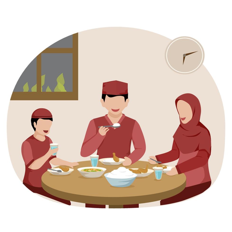 islámico ilustración de musulmán familia teniendo cena juntos en el mesa. Ramadán iftar fiesta vector