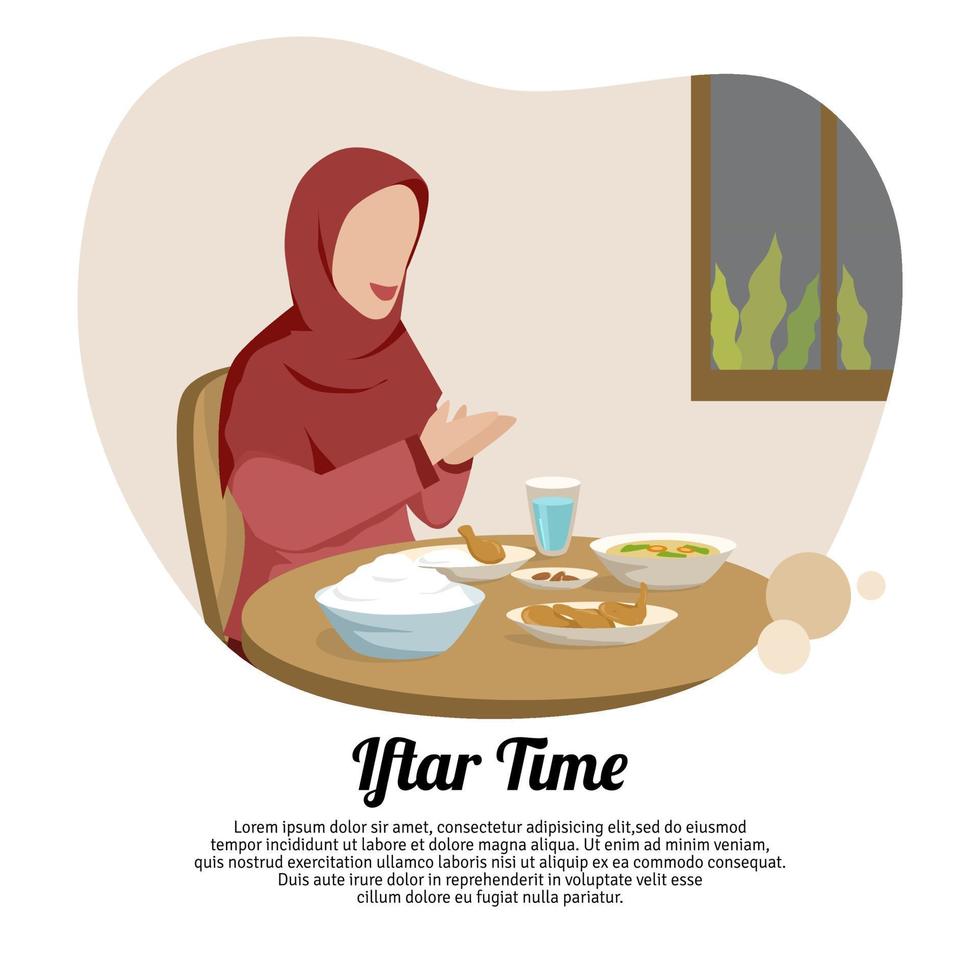 ilustración de musulmán mujer descanso ayuno. iftar hora con musulmán personaje vector