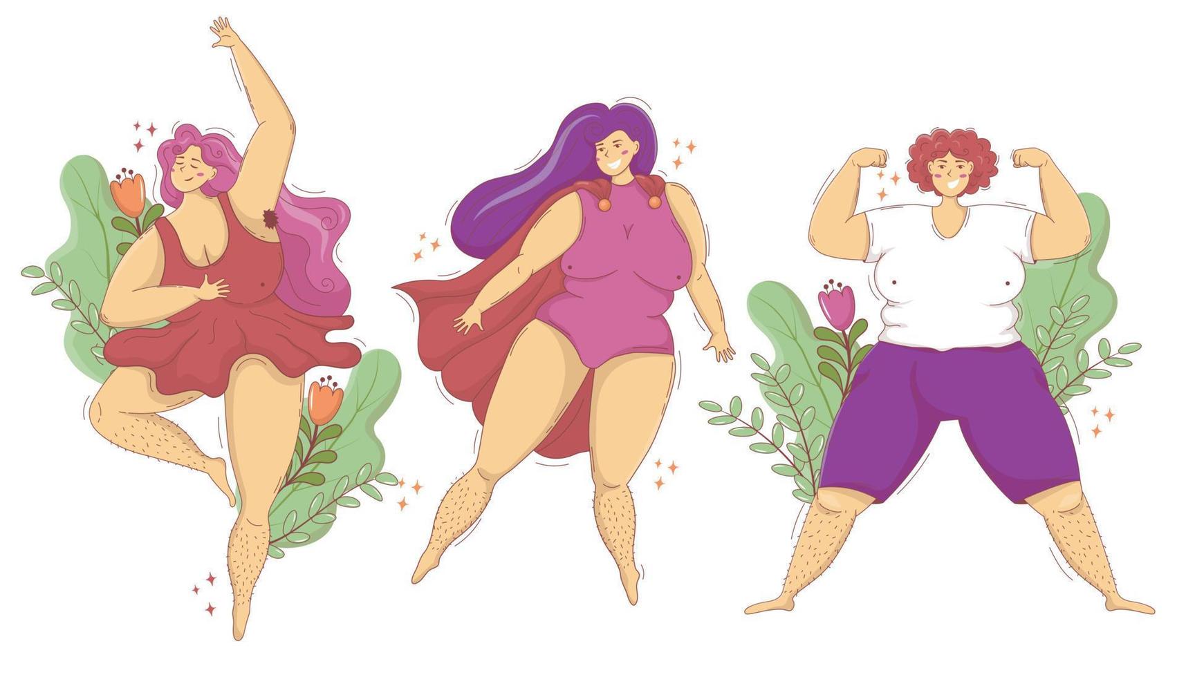 Set of chubby happy women with hairy legs and armpits, support for feminist body positivity movement vector