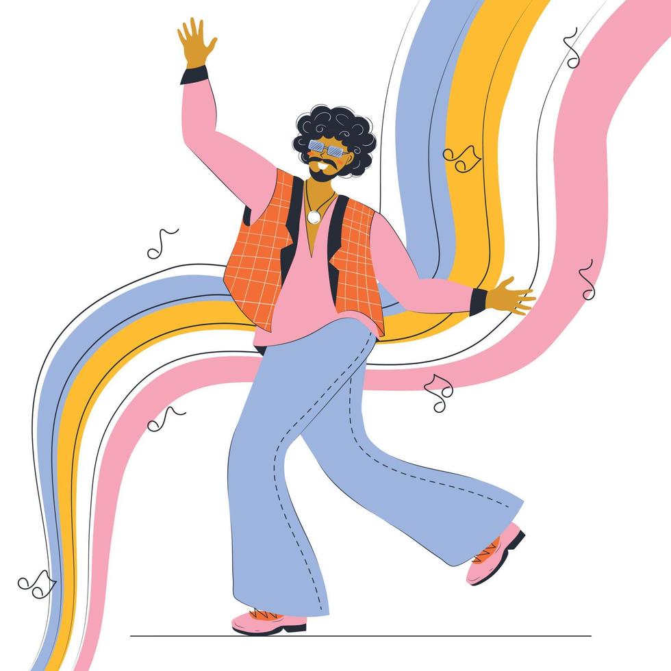 Young afro american hippie man in a vest and bell-bottoms dances against the backdrop of rainbow wave melody vector