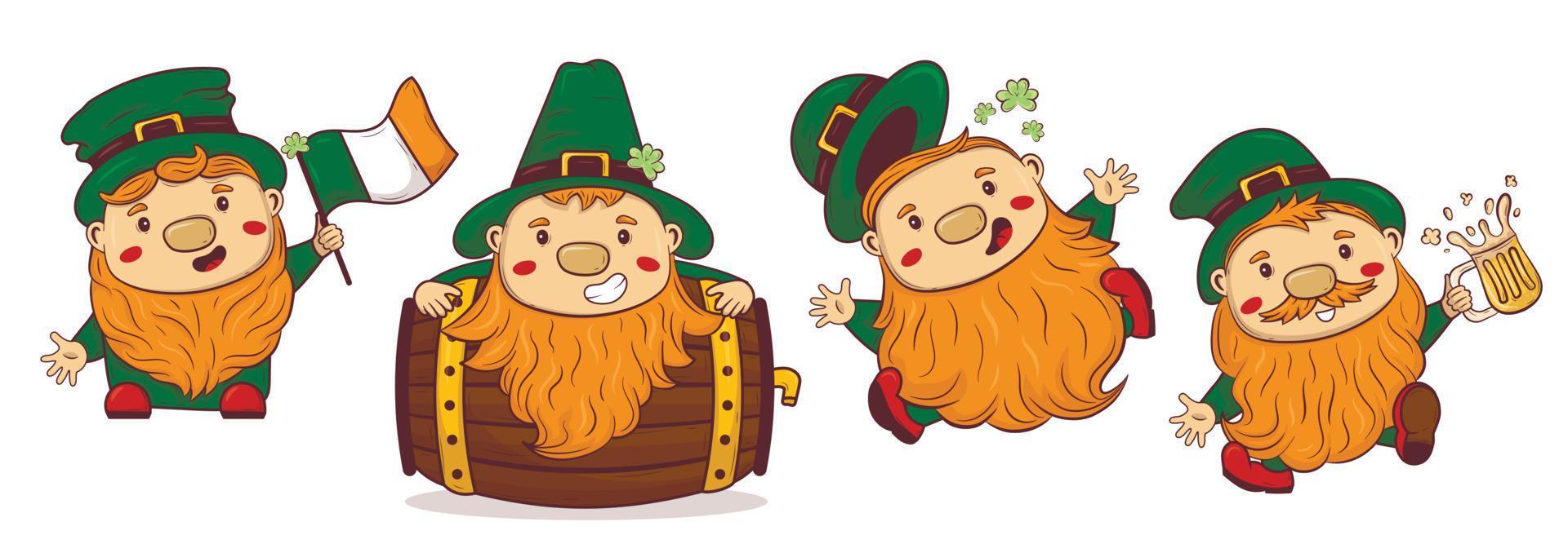 clipart colección con dibujos animados garabatear Santo Patricio barba roja gnomos vector