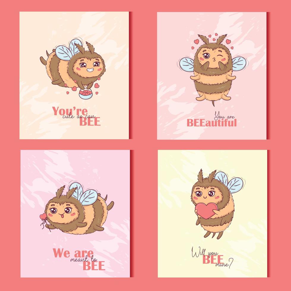Greeting card collection with Cartoon cute bee in love for Valentine's Day with funny puns animal themed sayings vector