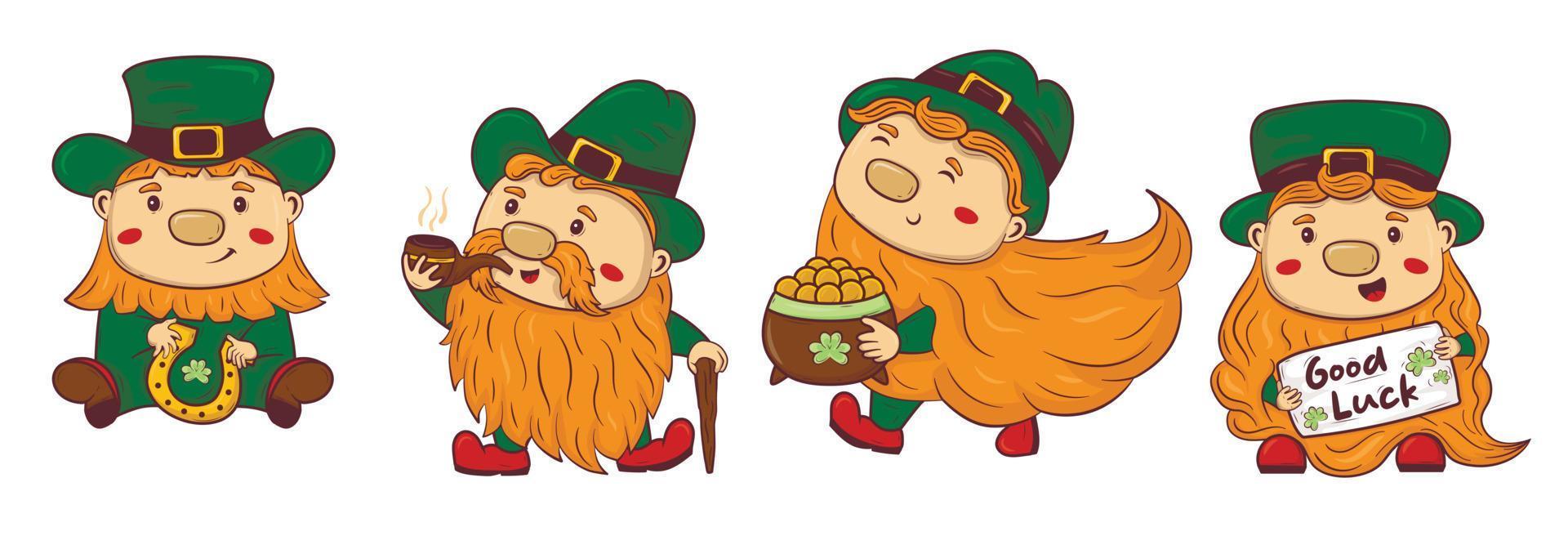 Clipart collection with cartoon doodle saint patrick redbeard gnomes vector