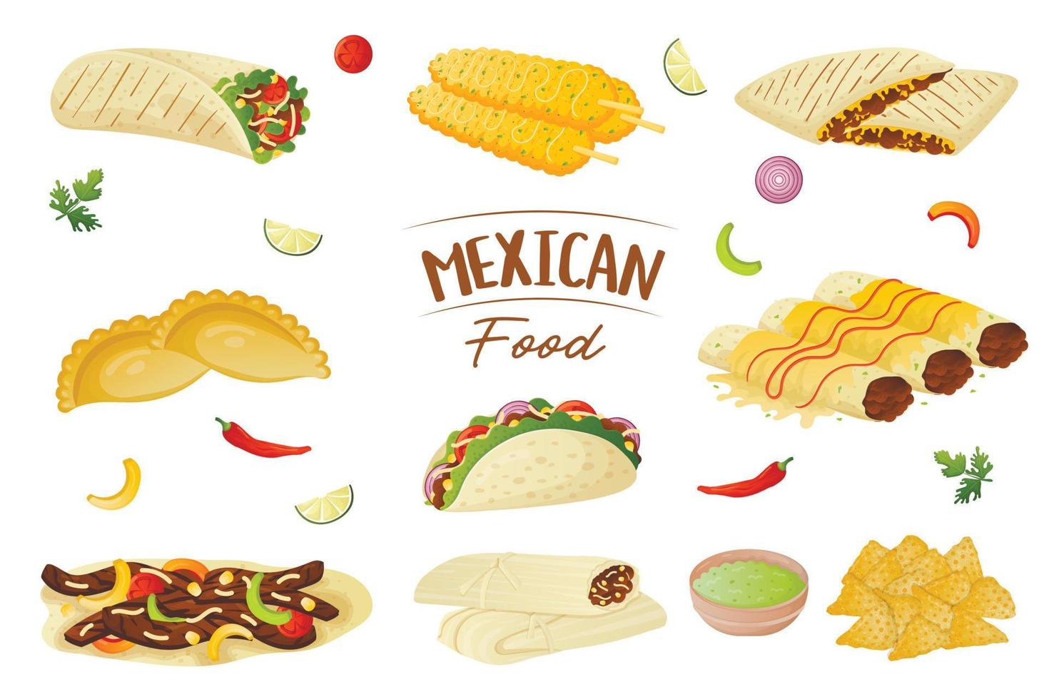 Mexican food collection, nachos, burritos, tacos, tamales, fajita, enchilada, empanadas and elotes. Minced meat in corn tortillas with vegetables vector