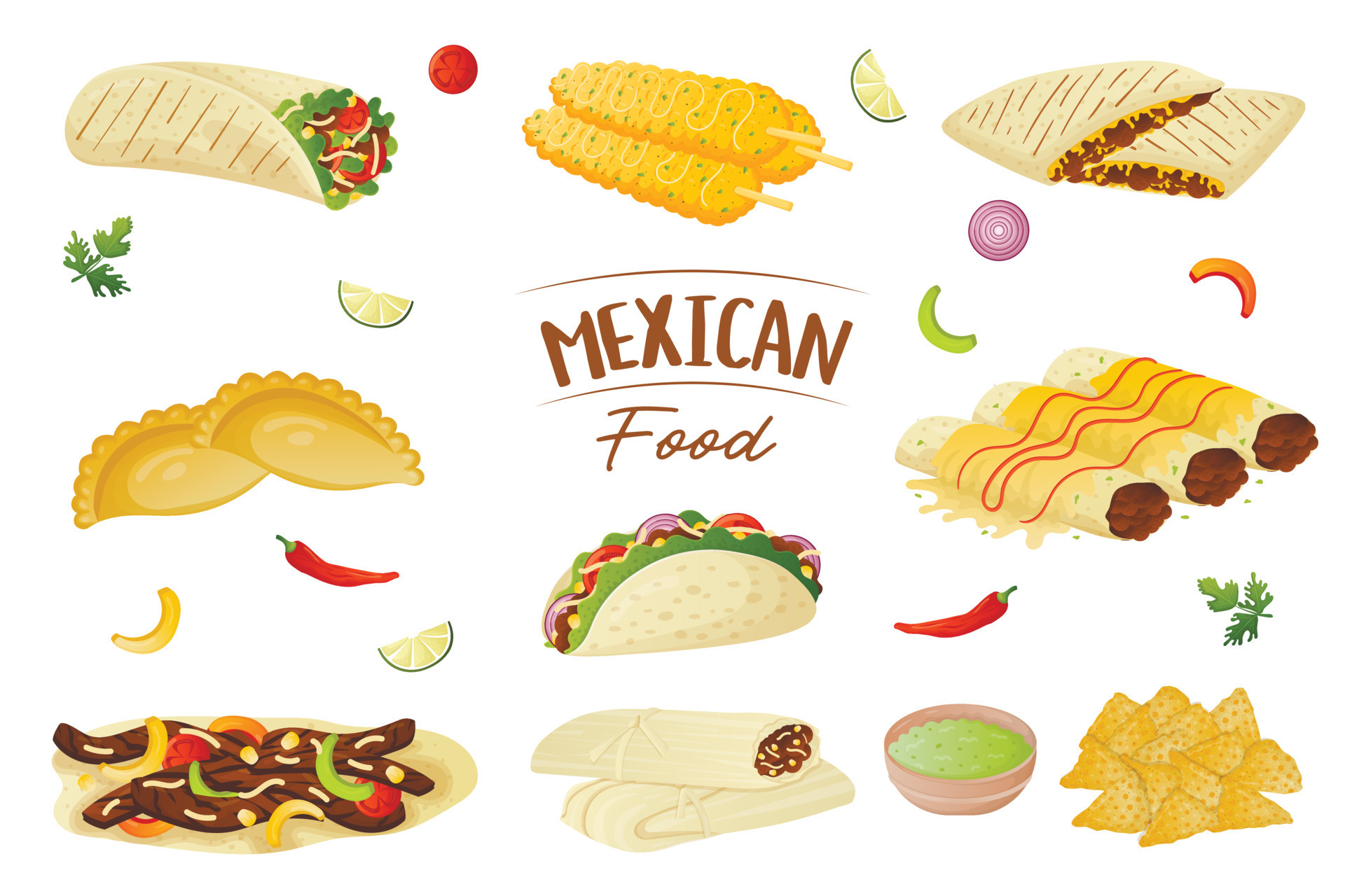 Mexican food collection, nachos, burritos, tacos, tamales, fajita