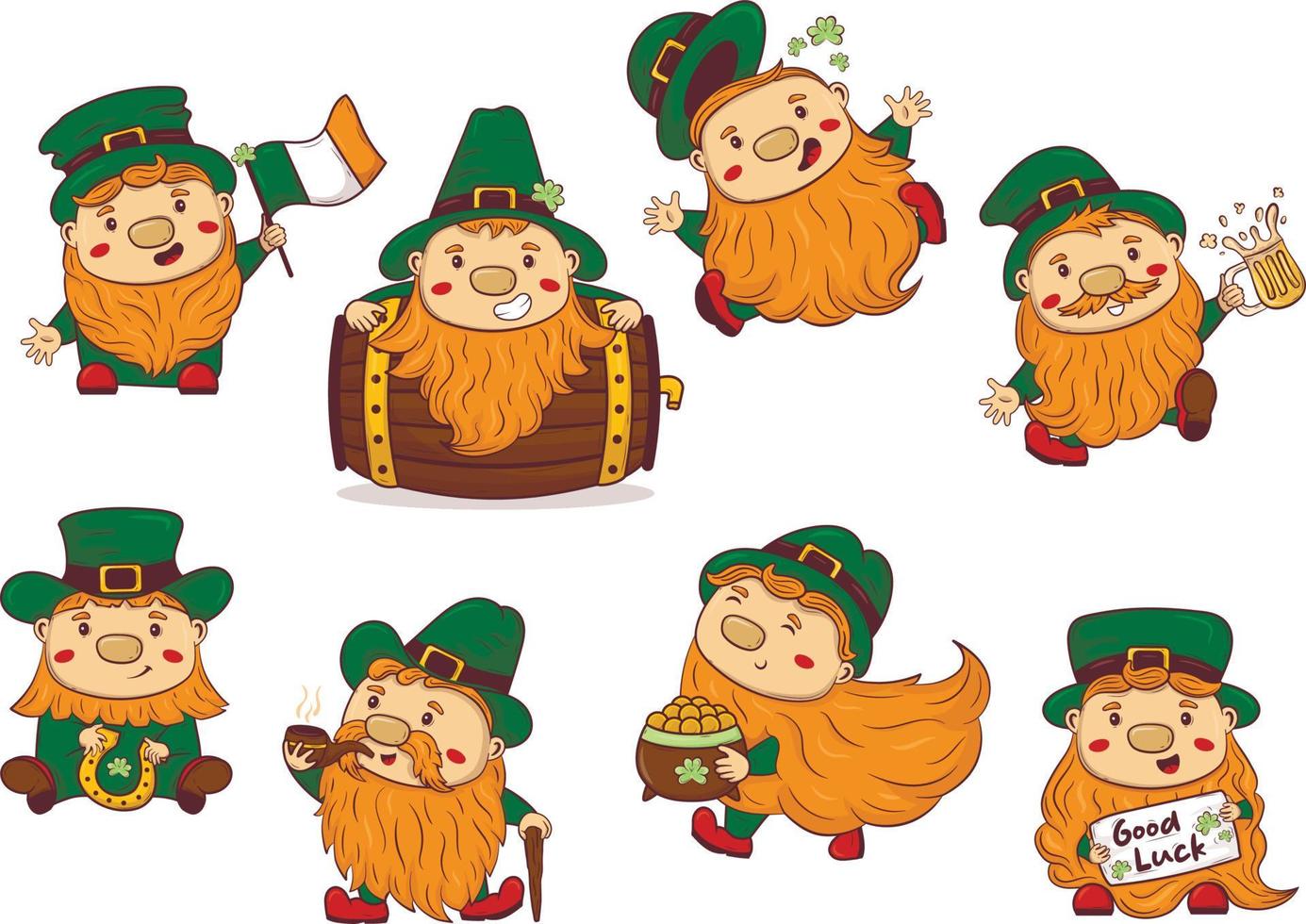 Clipart collection with cartoon doodle saint patrick redbeard gnomes vector