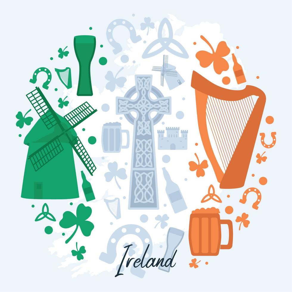 Colored group of traditional irish objects on a circle Vector