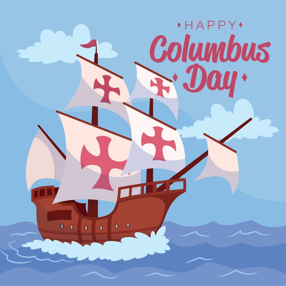 Wooden caravel on a colored columbus day template Vector illustration