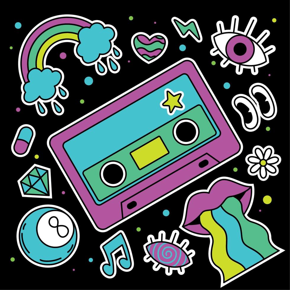 Colored group of groovy emotes and icons Retro cassette Vector illustration