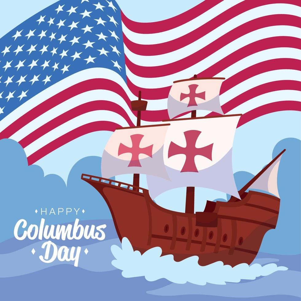 Wooden caravel on a colored columbus day template Vector illustration
