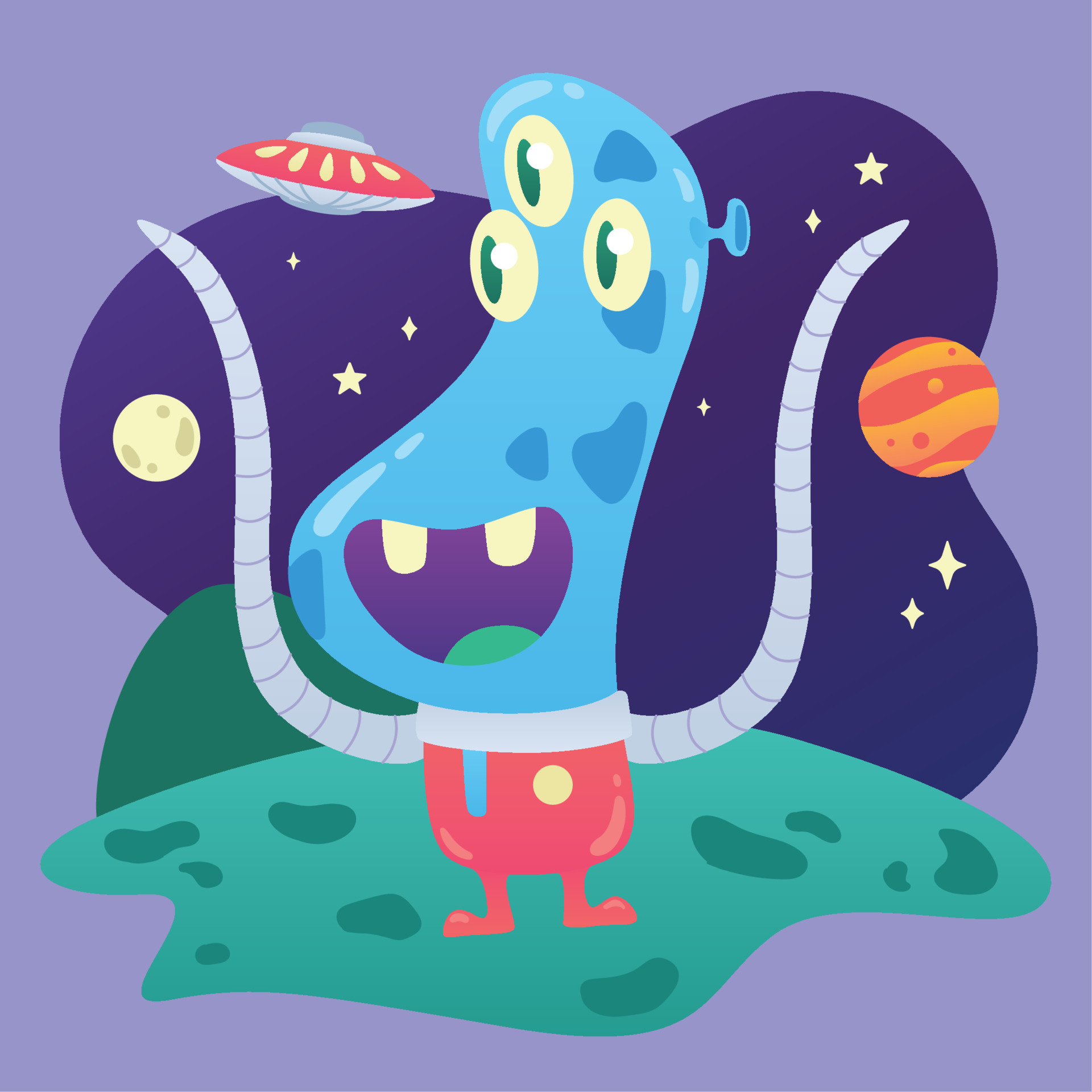 Cute blue alien character with three eyes and tentacles Vector 20212206