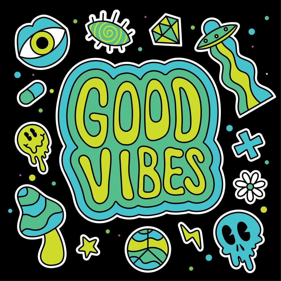 Colored group of groovy emotes and icons Good vibes Vector illustration