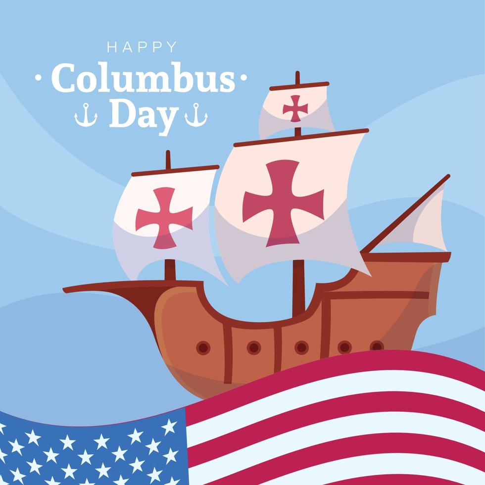 Wooden caravel on a colored columbus day template Vector illustration