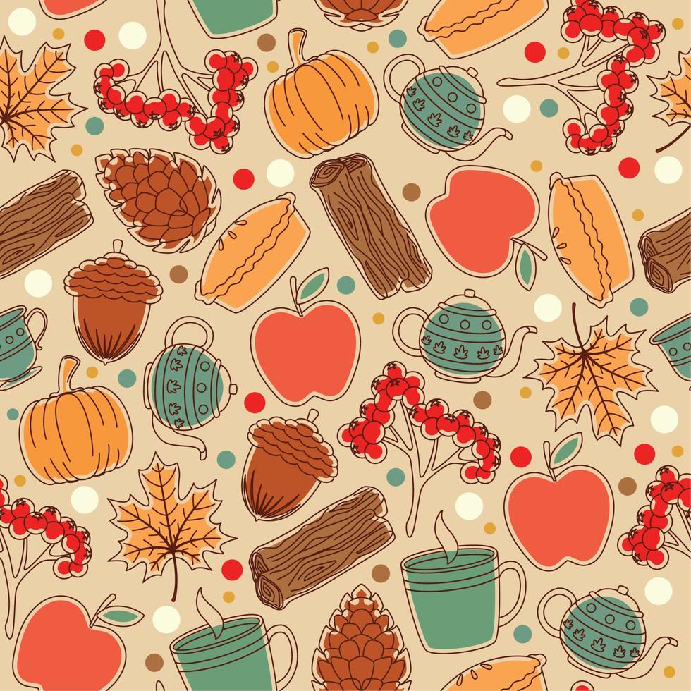 Autumn seamless pattern background with seasonal food and drinks sticker Vector