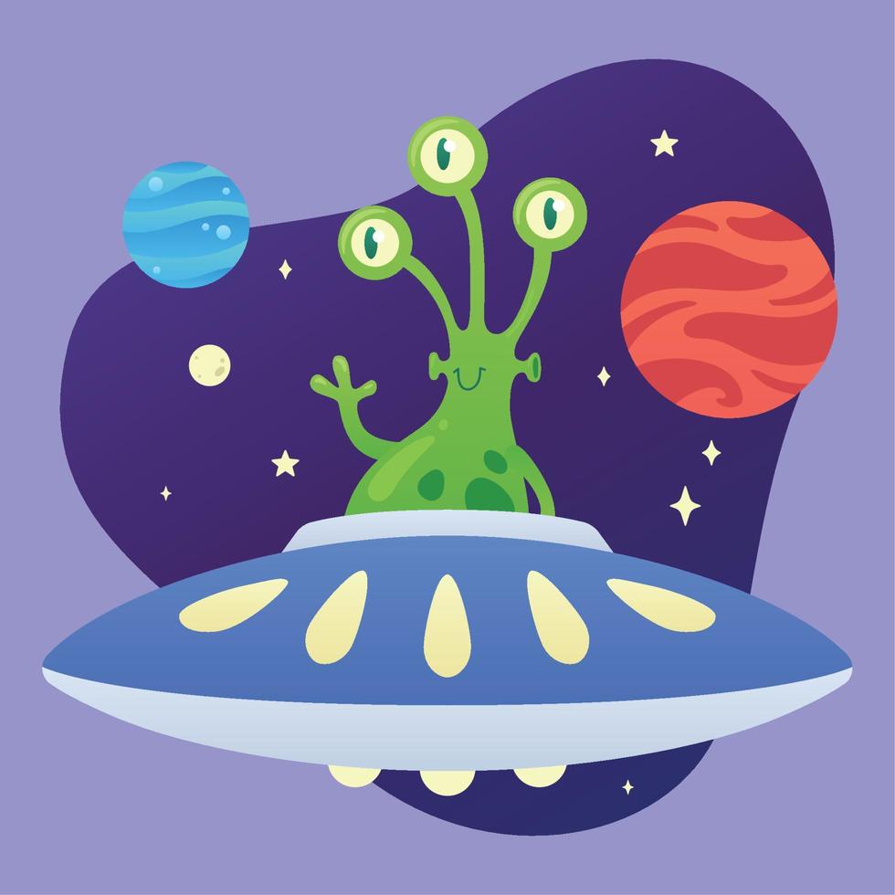 Cute green alien character on a ufo Vector