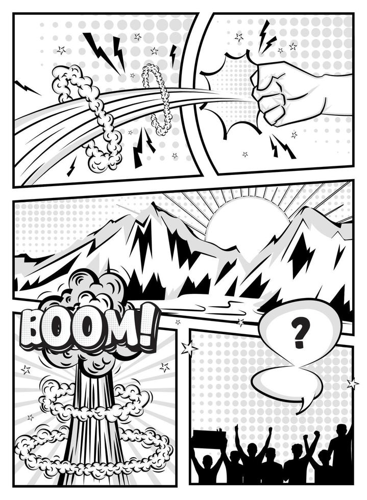 Monochrome comic page with explossion and expressions Vector