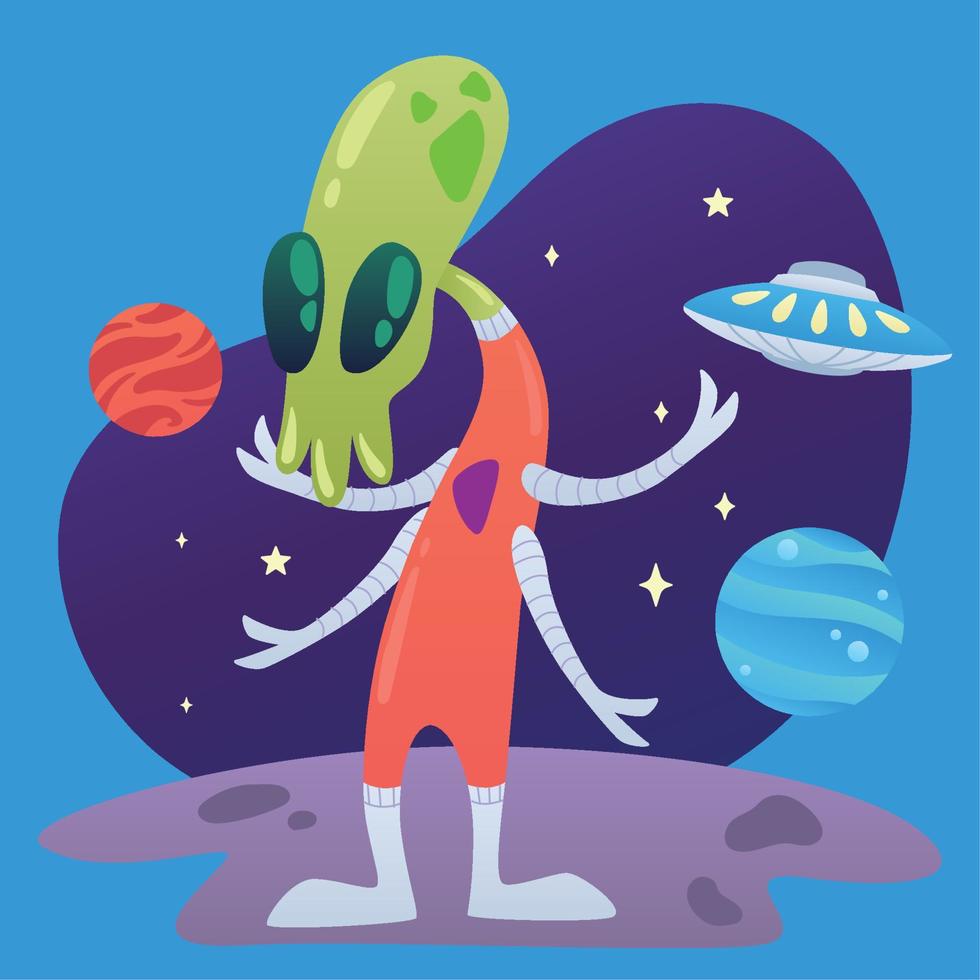 Design of cute alien waving hand on the planet 5054343 Vector Art