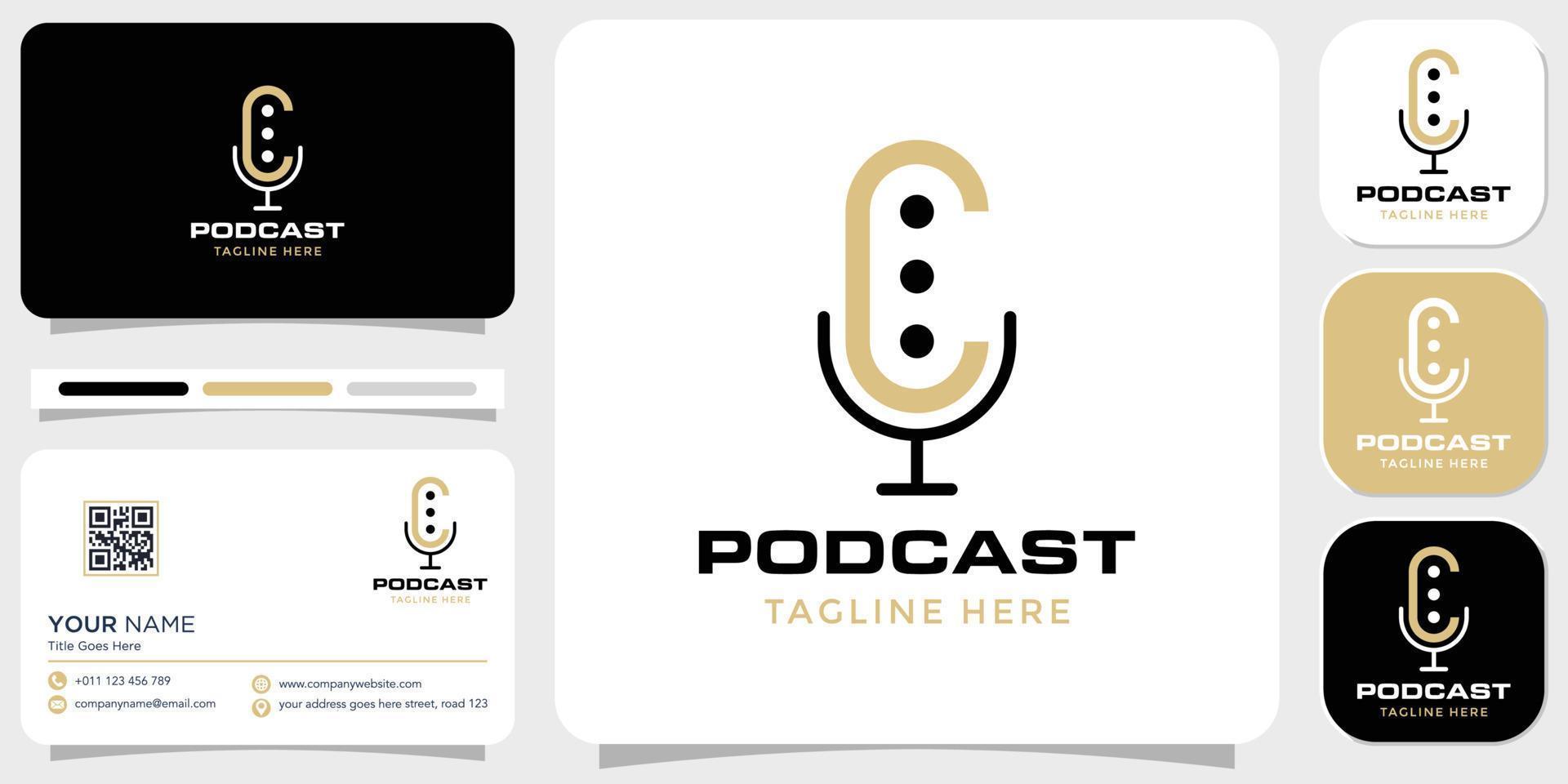 podcast logo with simple c letter concept with business card template vector