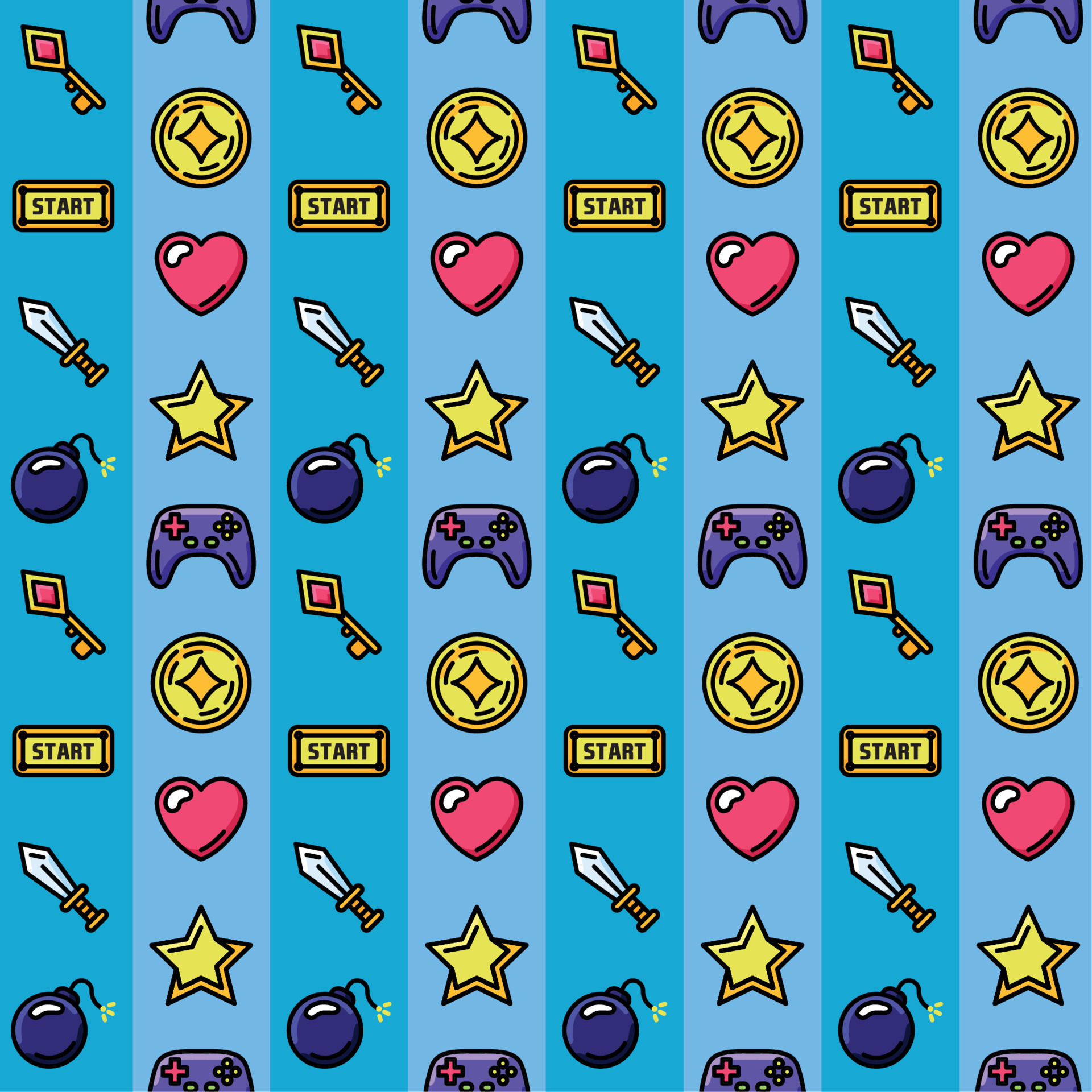 Videogame seamless pattern background with bombs and swords icons