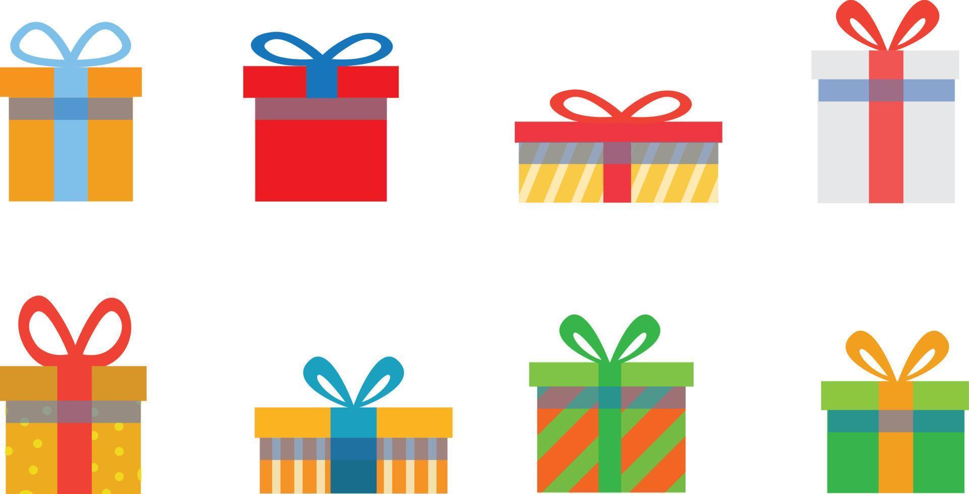 Gift boxes, presents isolated on white. Colorful wrapped. Sale, shopping concept. Collection for Birthday, Christmas. For Vector Cartoon flat design