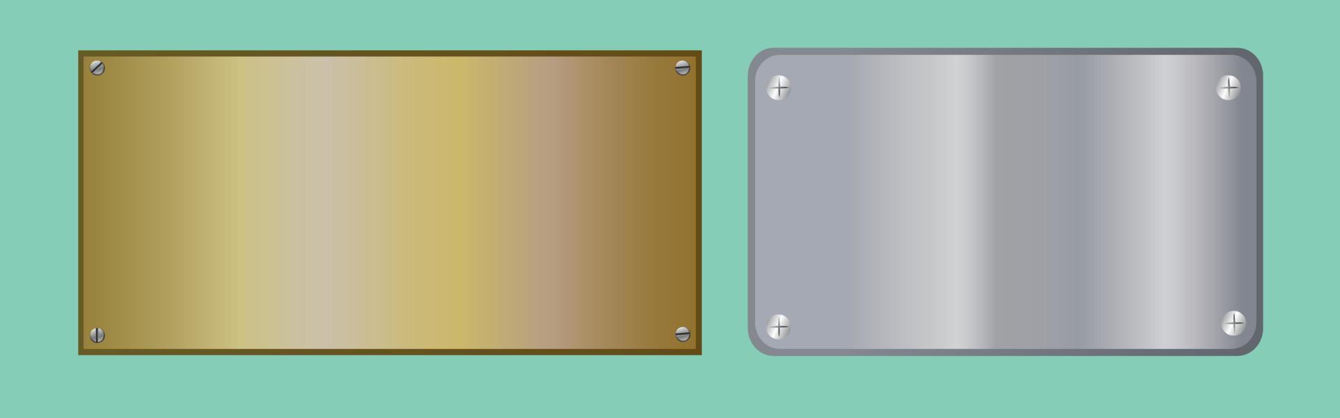 Banners of polished metal plates with screws. Polished metal background with metal texture on a green background. Yellow, gold, bronze and grey metal background for your design vector