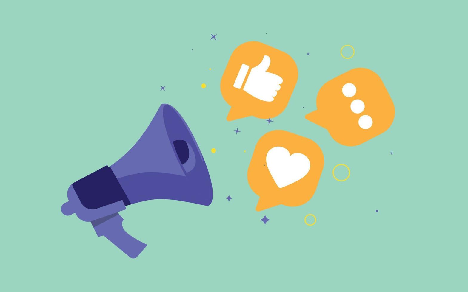 Violet realistic megaphone and  flying thumb up, heart and chat icons isolated on green background. Social media and digital marketing. Vector illustration