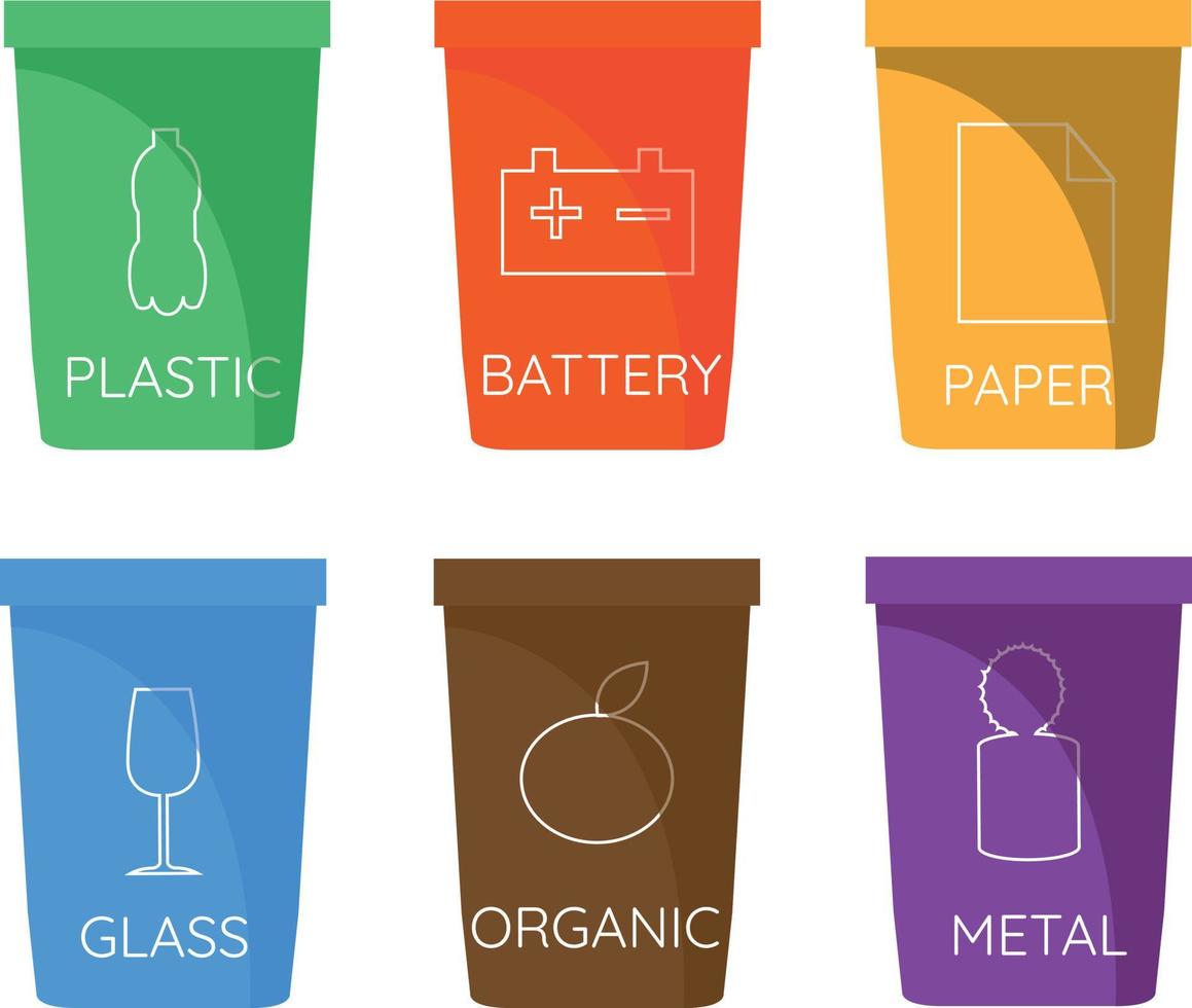 Collection of colorful separation recycle bin icon.Organic,batteries,metal,plastic,paper,glass,waste,aluminium,food,can,bottle.Bin vector,recycle bin.Vector illustration. Isolated on white vector