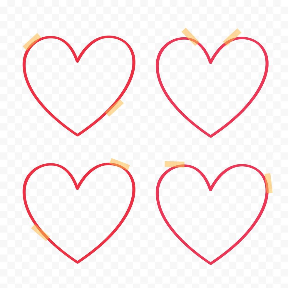 Set of hearts with beige sticky tape. Mockup for your design. Empty white frames in the shape of hearts. Blank template isolated on a transparent background. Photo card collage. vector
