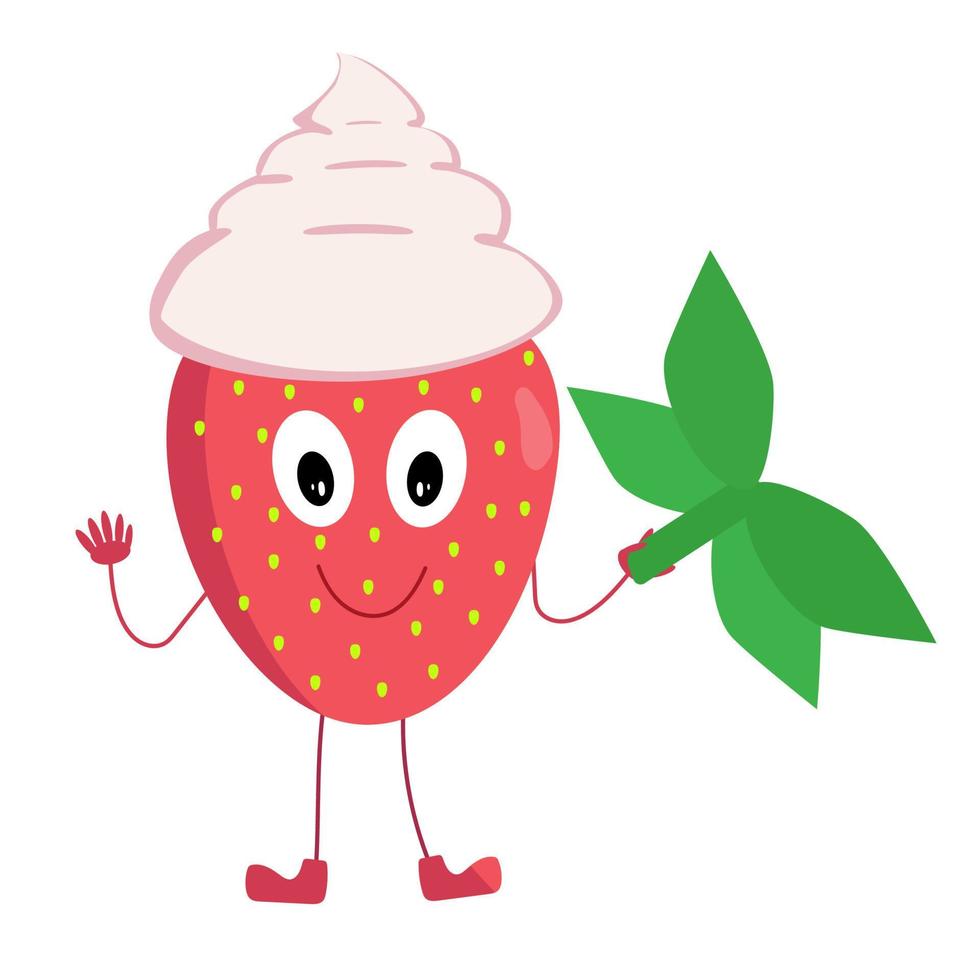 Live strawberry berry with whipped cream on the head. The concept of serving the composition of the strawberry-cream product vector