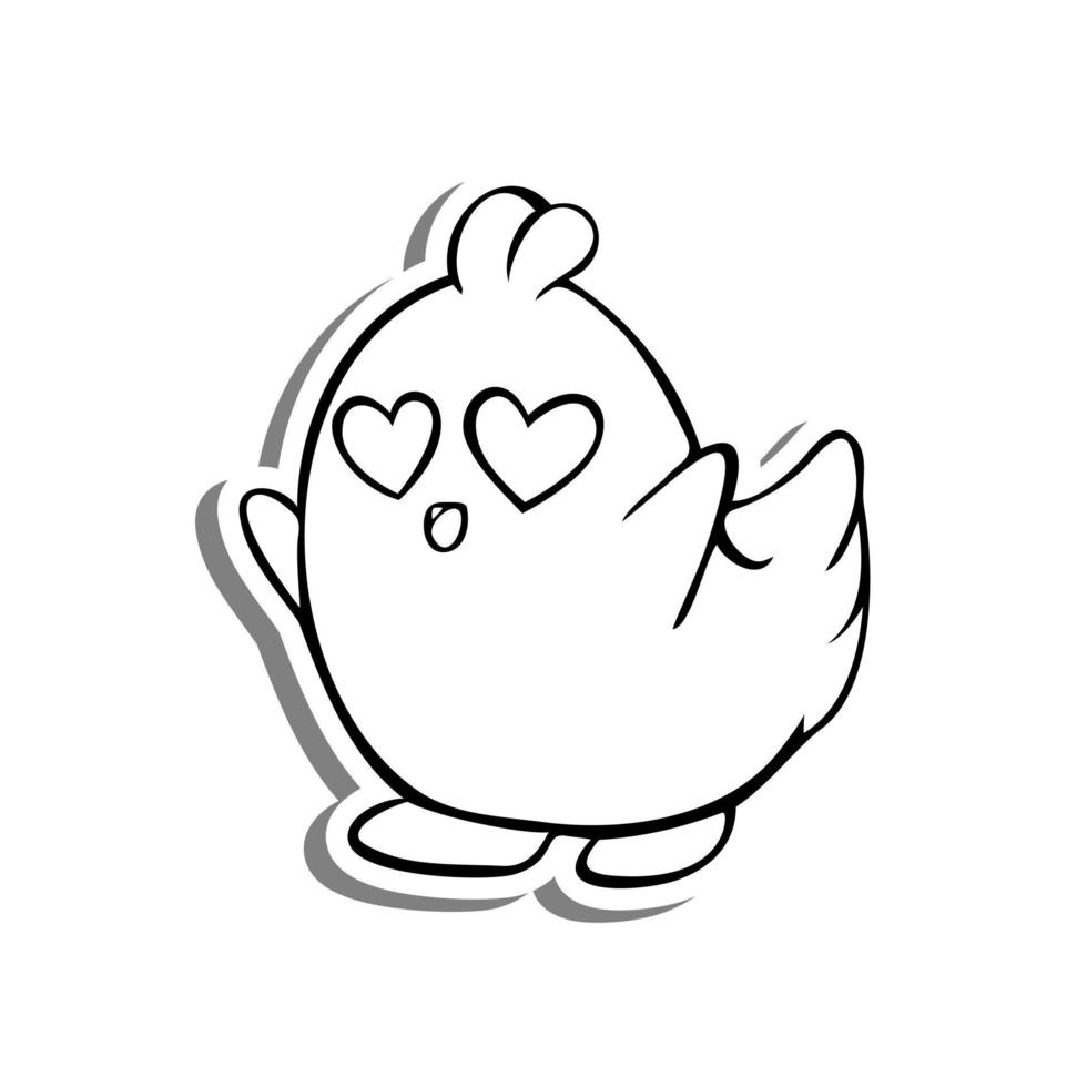 Doodle Line Heart Eyes Chicken on white silhouette and gray shadow. Vector illustration for decoration or any design.