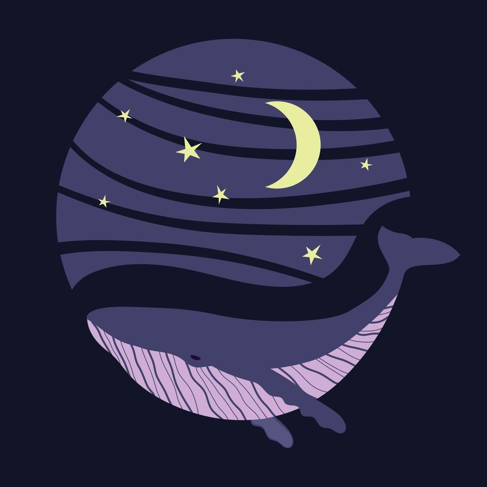 Whale vector illustration, round composition of whale and starry sky, logo print