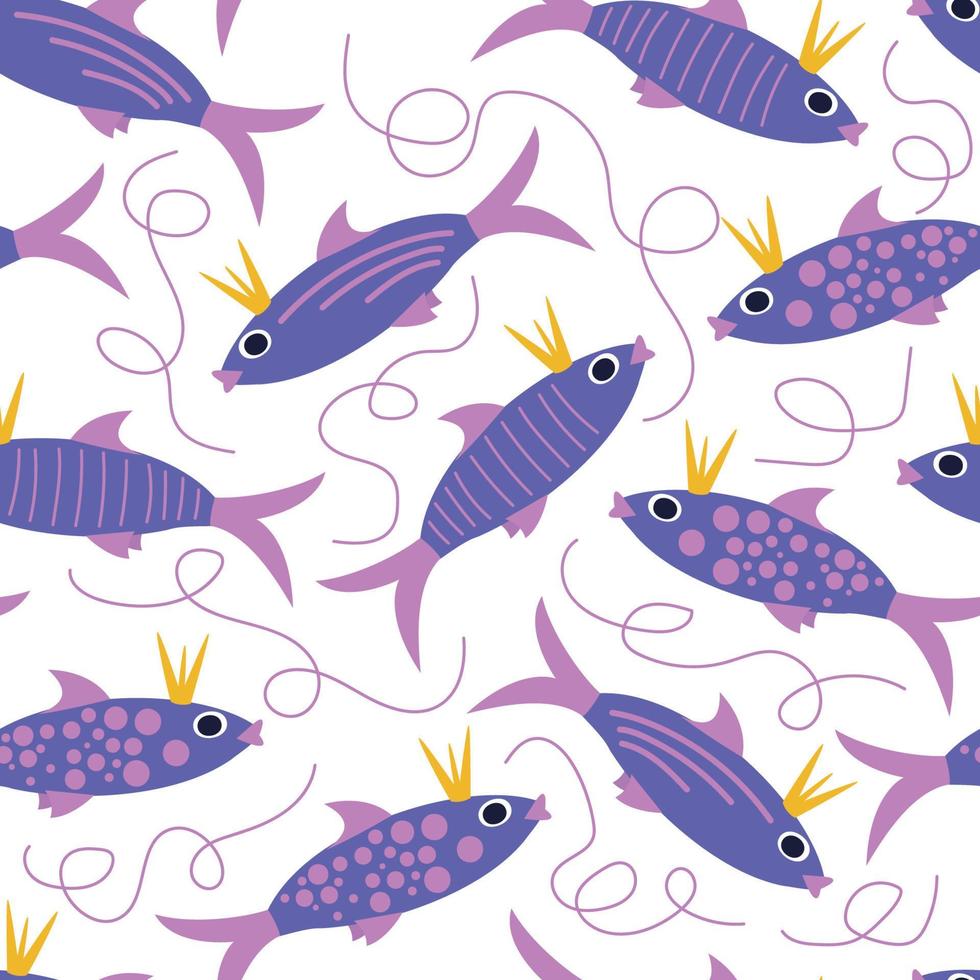 Fish seamless pattern, funny background with sea fish, fairy fish with a crown vector