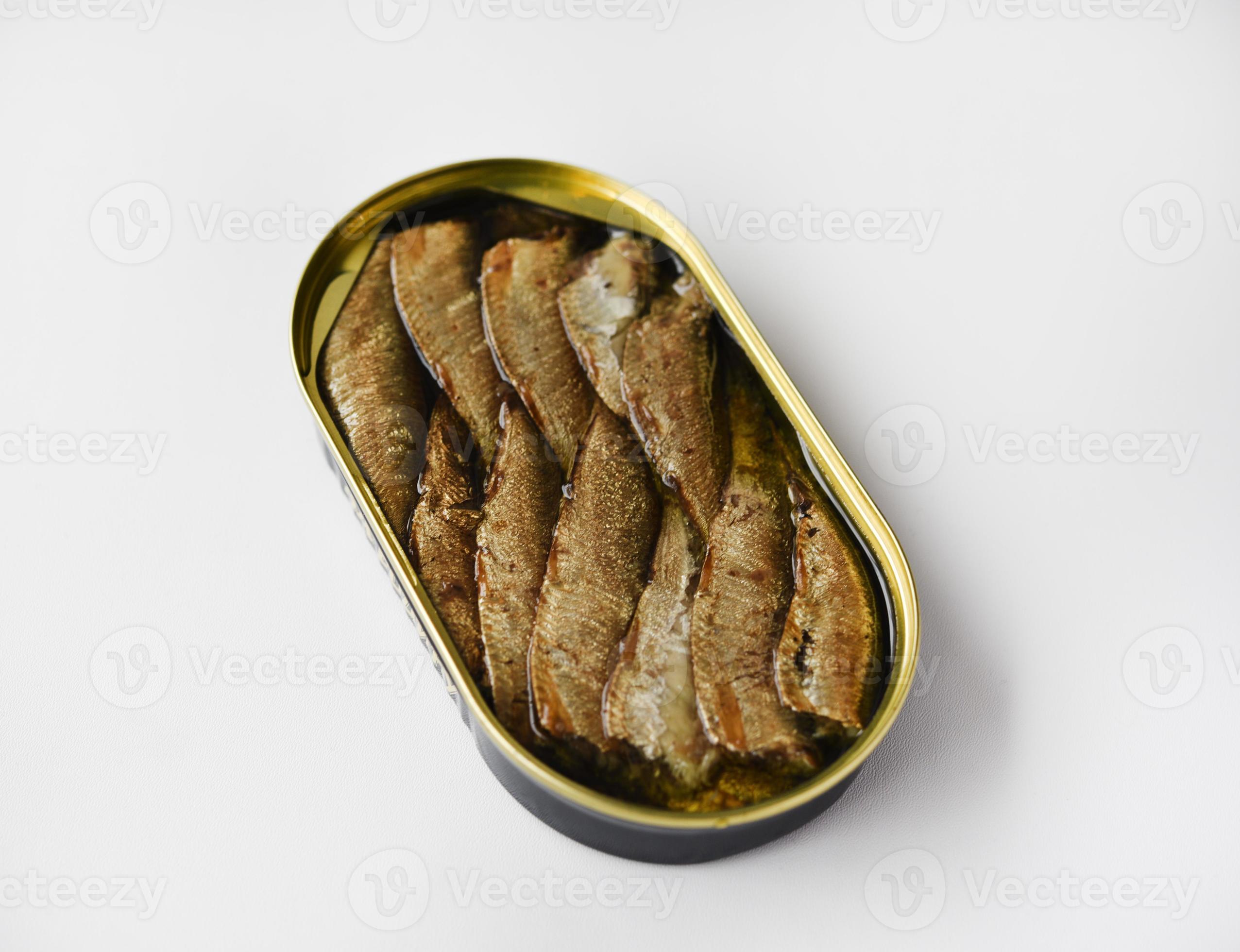 Canned fish in a jar. Sprats in a tin can. Fish in oil. 20213437 Stock