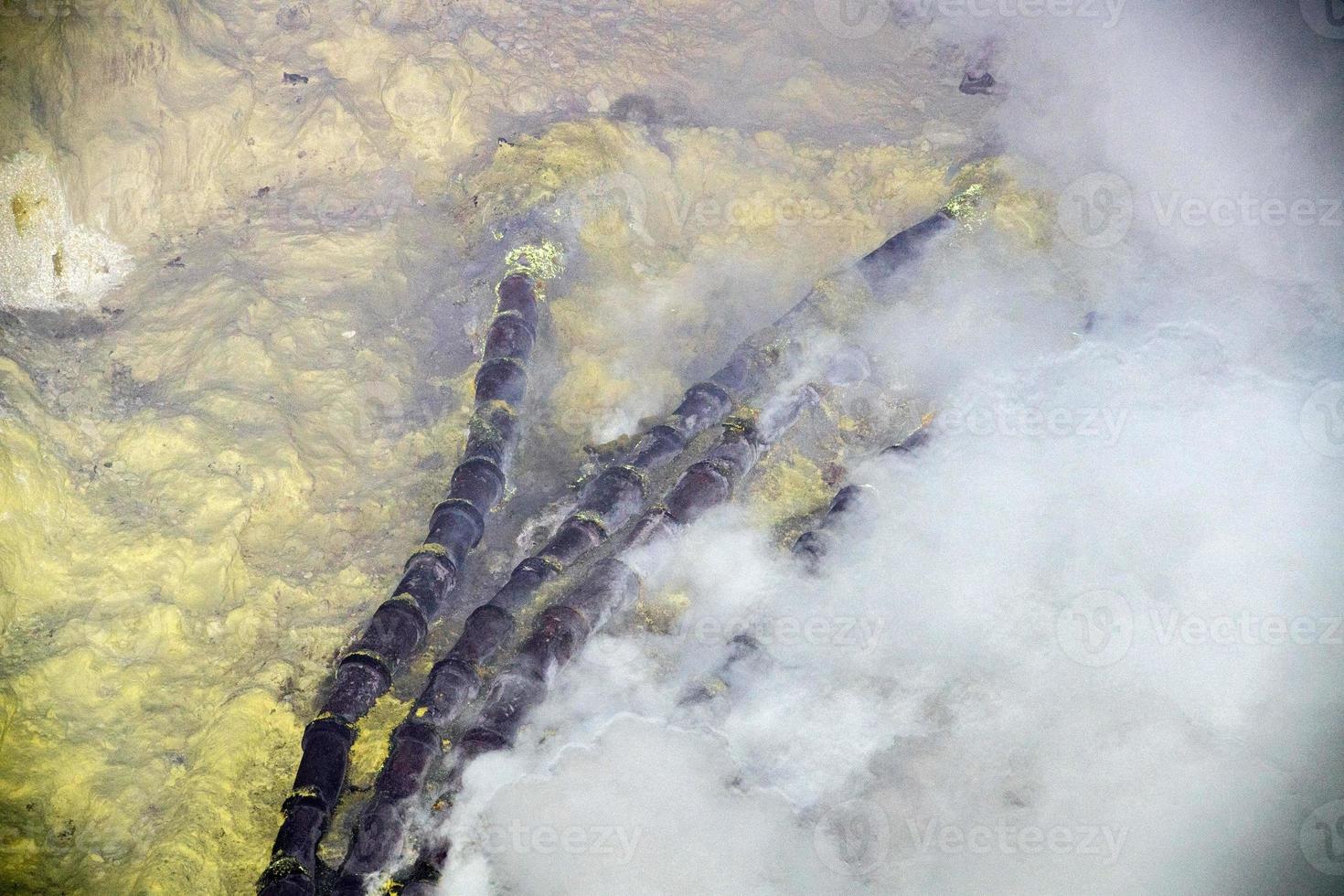 yellow sulfur mine ijen volcano at sunrise panorama landscape view photo