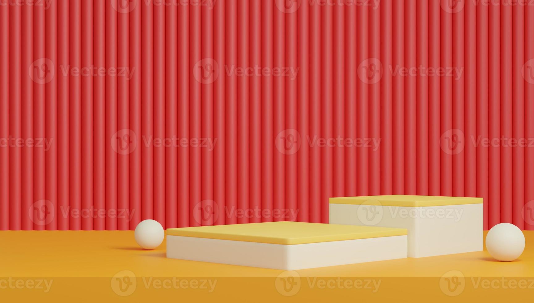 Podium 3D on red backdrop.Product display presentation.Abstract scene yellow background.Square stand.Pedestal product on Minimal scene.Geometric platform show cosmetic product,mockup.3D rendering photo