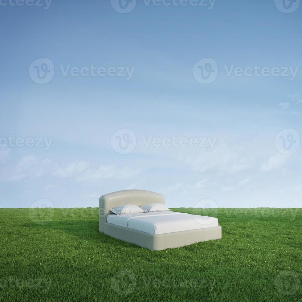 Bed on green meadow grass with blue sky background.3d rendering photo