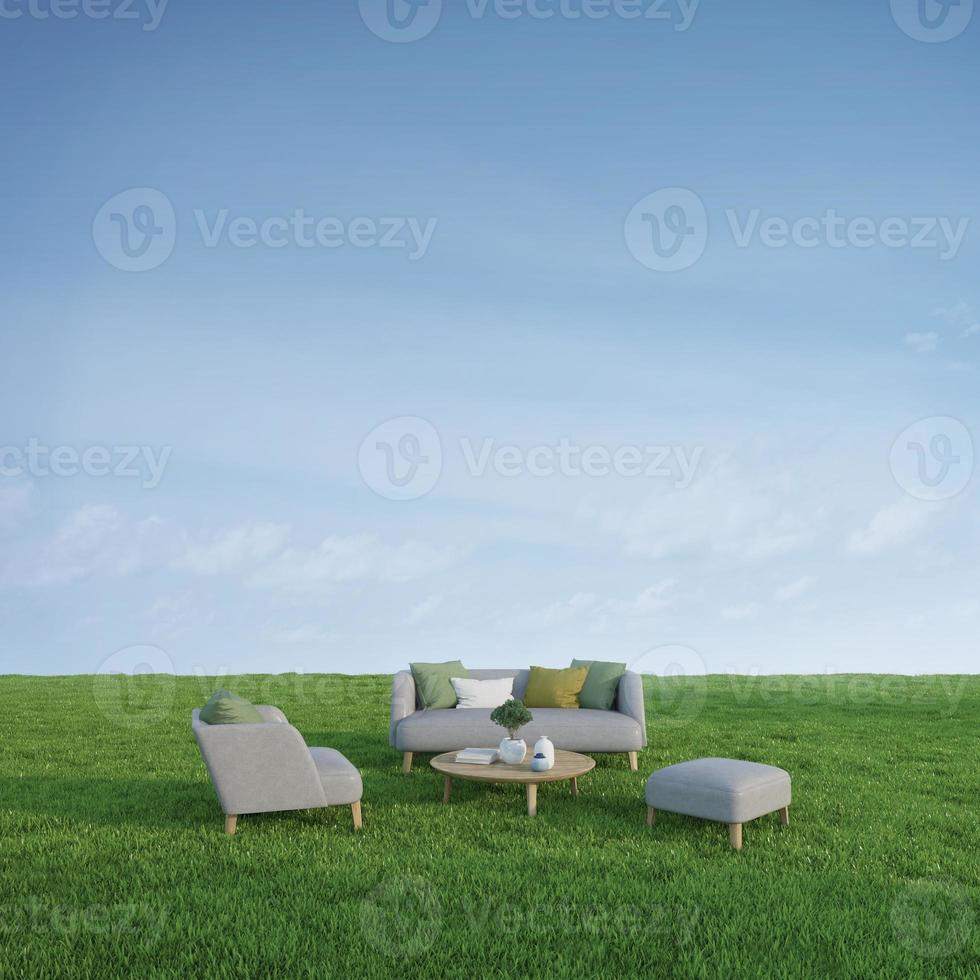 Sofa armchair and table in green meadow grass with blue sky background.3d rendering photo