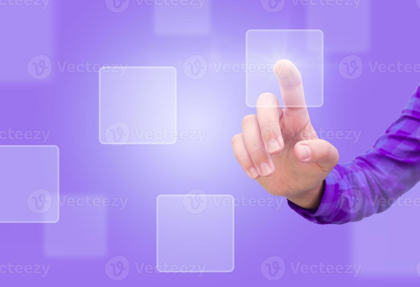 A female hand presses a holographic button photo