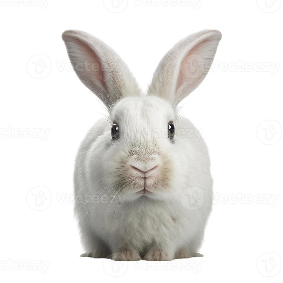 Front view of cute baby white rabbit  on white background, white rabbit portrait looking frontwise to viewer. photo