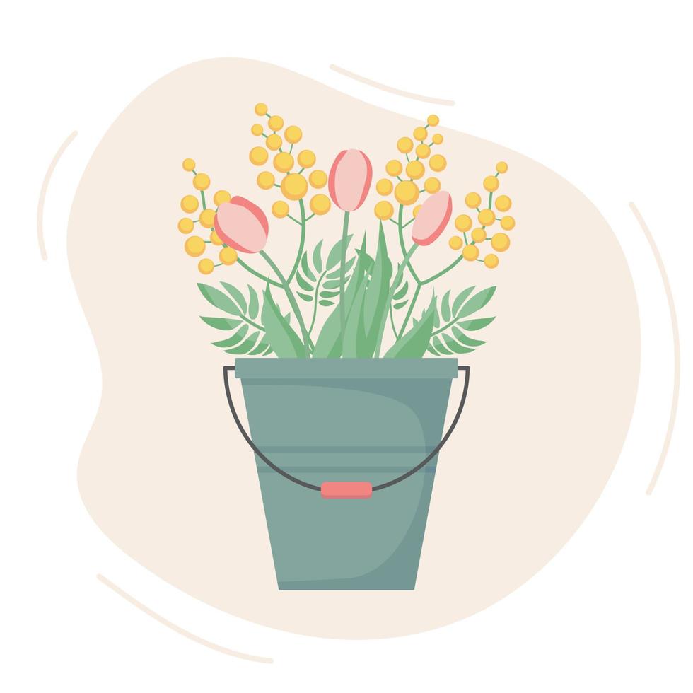 primavera ramo de flores de Mimosas y tulipanes en un balde. linda vector ilustración. plano estilo.