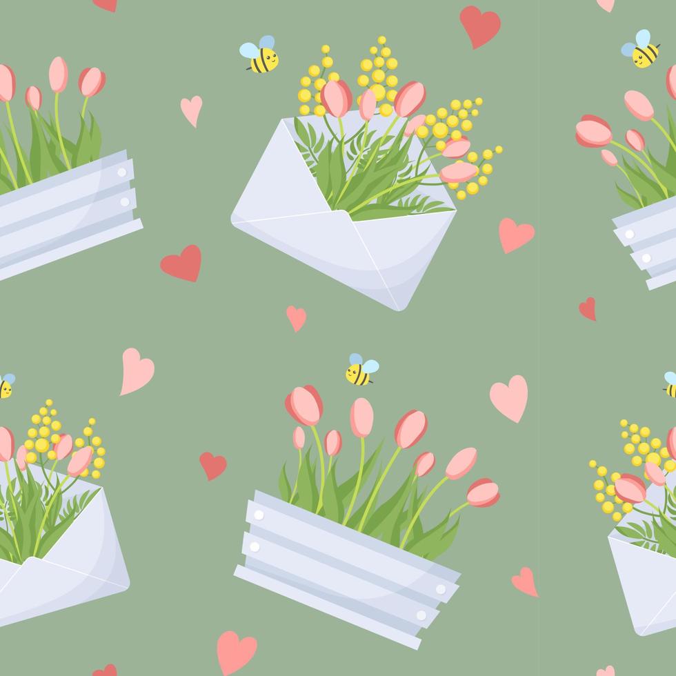 Spring seamless pattern. Pattern with flowers in an envelope, flower pot. Floral texture for textile, print and fashion design. vector