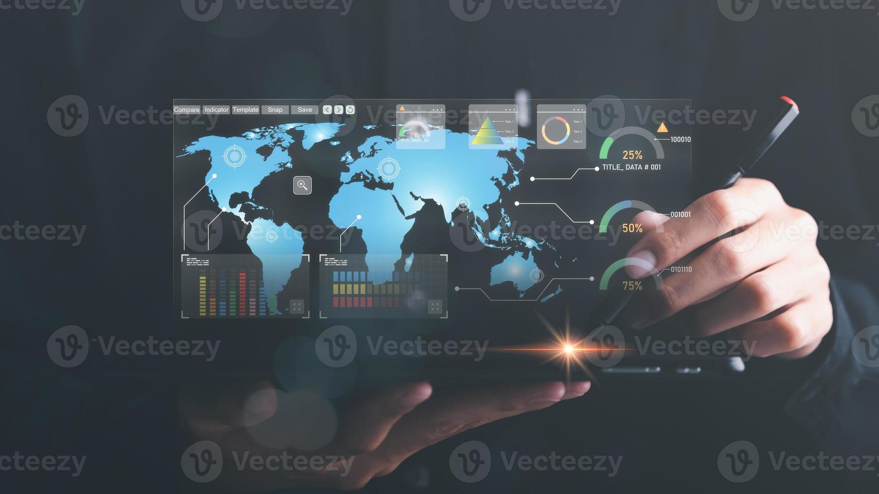 Businessman reading chart report Virtual Business Statistics ,analyze and improve corporate strategy, manage financial and marketing documents, annual budget accounts, futuristic technology solution photo