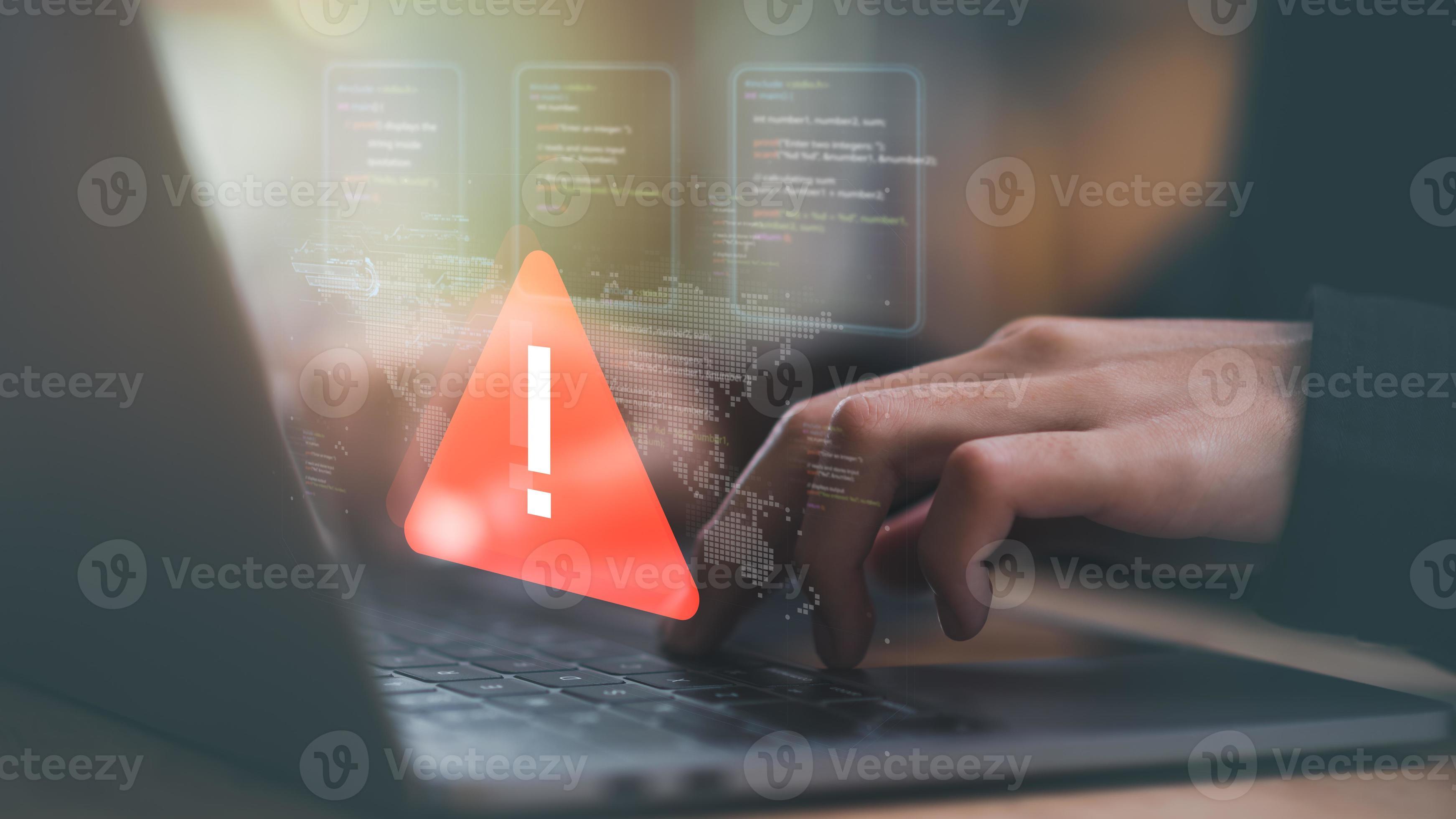 Programmer and virtual icons , exclamation mark virus detected ,danger warning