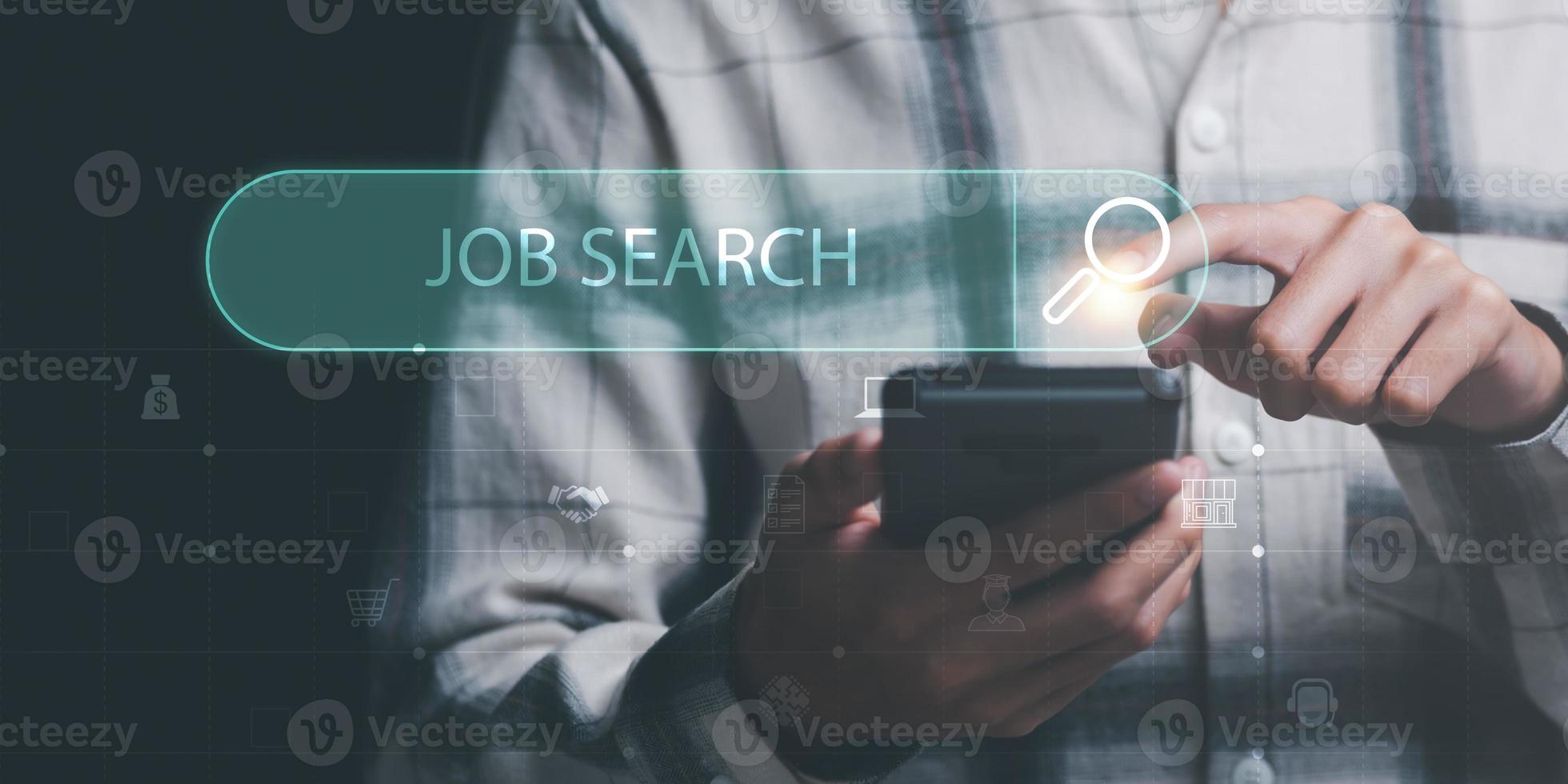 Man using smartphone showing online job search, career search ideas, recruitment, HR search, form websites and job applications,employment management of agencies with Internet technology photo