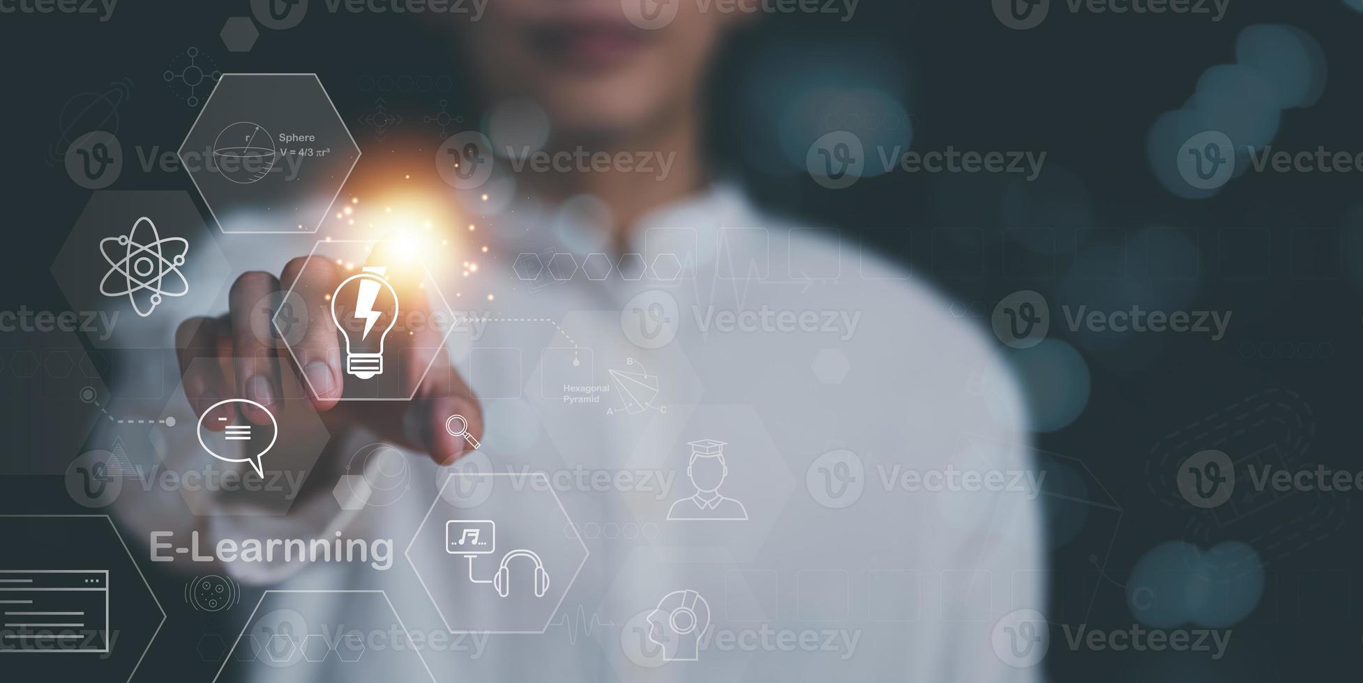 Male hand pointing at icon, lessons and Internet online education and learning concept, professional courses, learning new things, e-learning webinars, skill enhancement to develop a new career photo