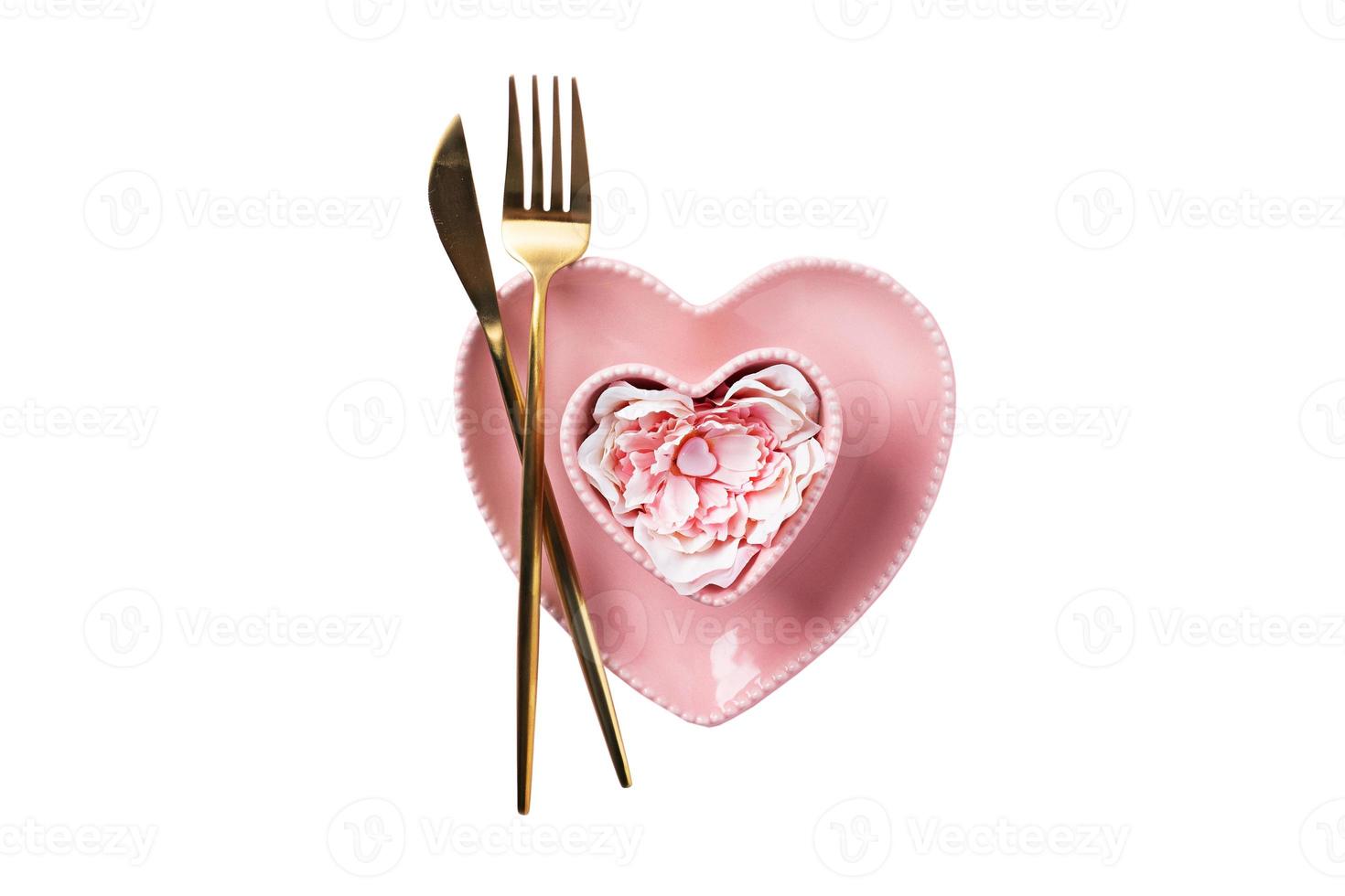 7573 Pink plate and mug and gold cutlery isolated on a transparent background photo