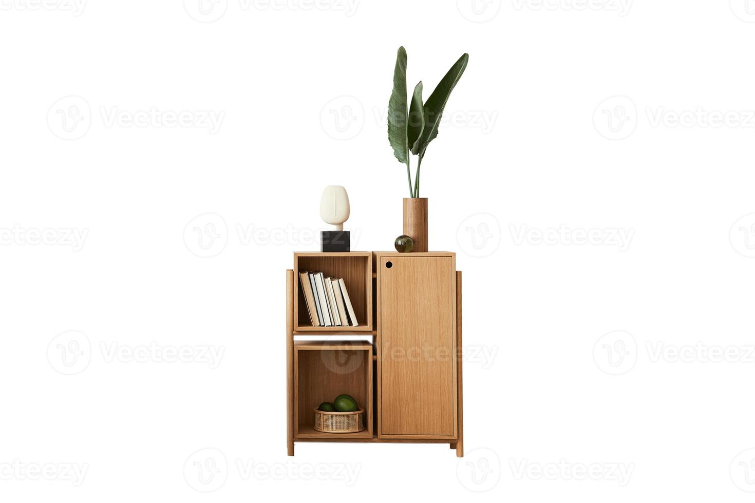 49 Wooden storage cabinet with home decor isolated on a transparent background photo