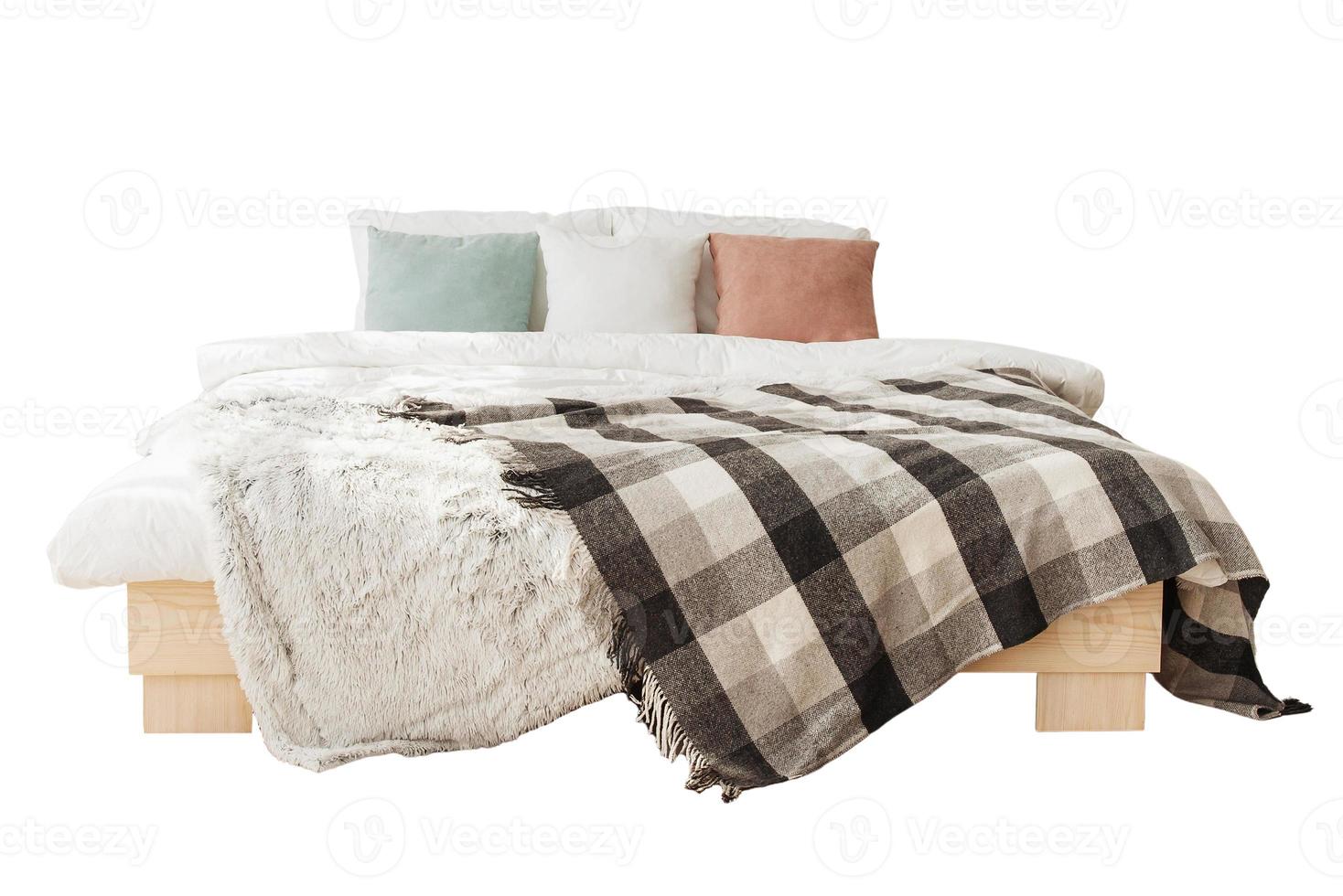 2151 White bed with colorful cushions and blanket isolated on a transparent background photo